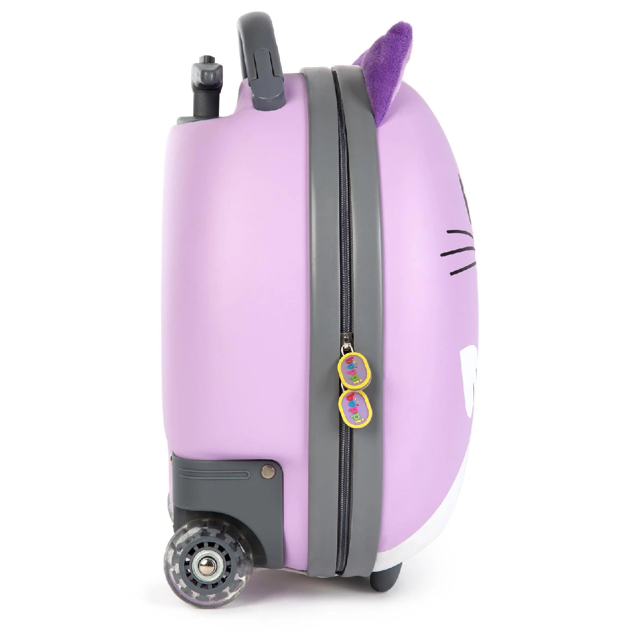 Kids suitcase backpack with cat design, 3D details, retractable handle, and smooth-rolling wheels.