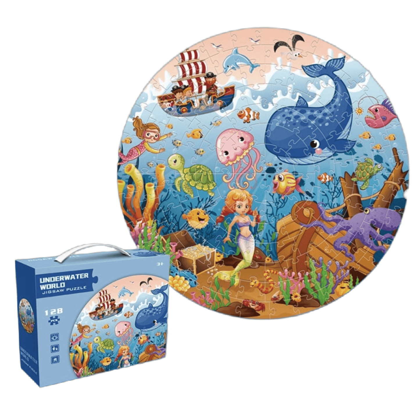 Colorful round 128-piece Underwater World puzzle for kids, featuring sea creatures and a treasure ship, with unique packaging box.