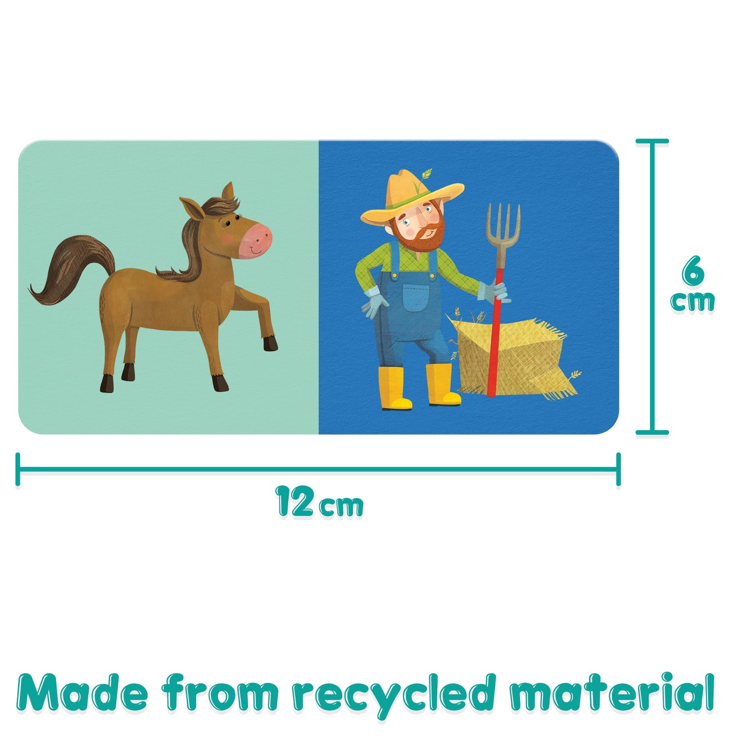 Illustration of a horse and a farmer with hay, measuring 12x6 cm, made from recycled materials.