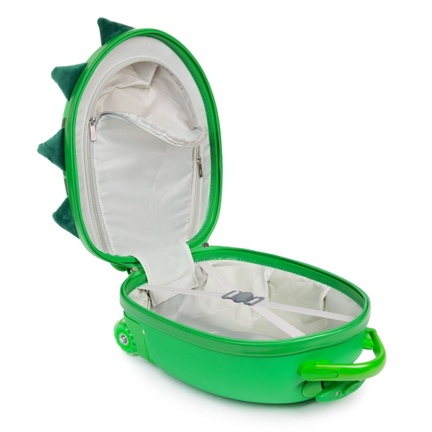 Open green Boppi Tiny Trekker dinosaur kids suitcase showing interior with straps for packing.