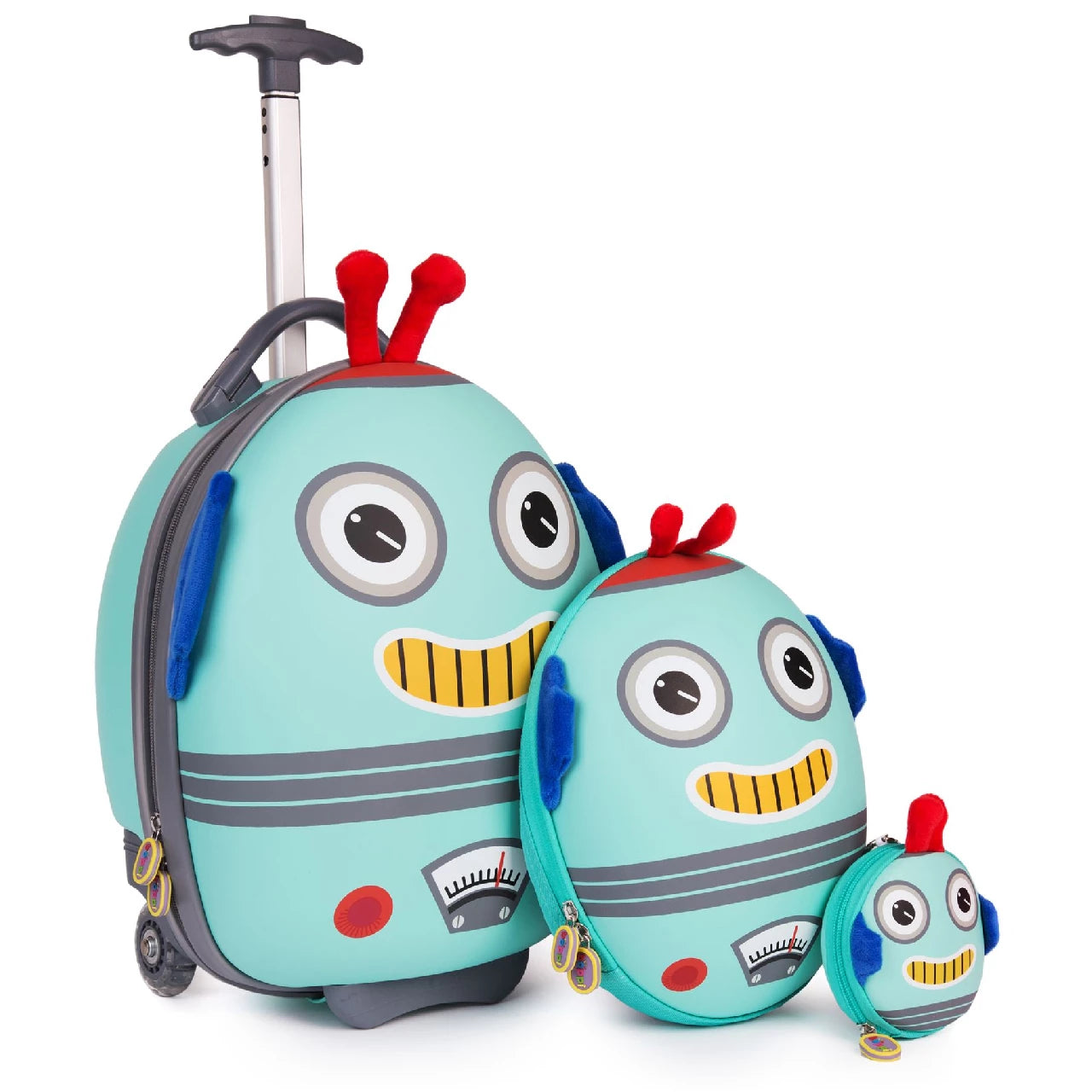 Colorful Boppi Tiny Trekker robot travel set for kids, featuring a suitcase and matching backpacks in blue.
