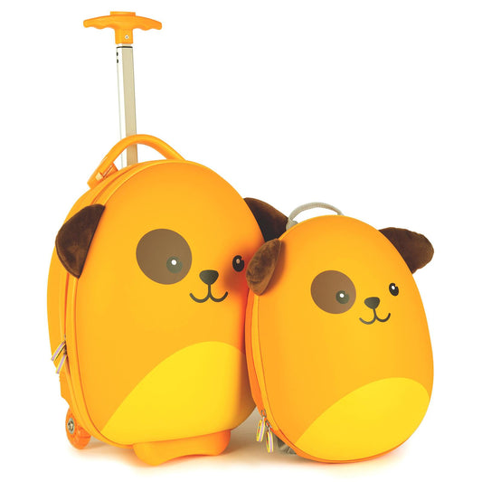 Kids travel set featuring a yellow dog suitcase and matching backpack with adorable designs, perfect for little adventurers.