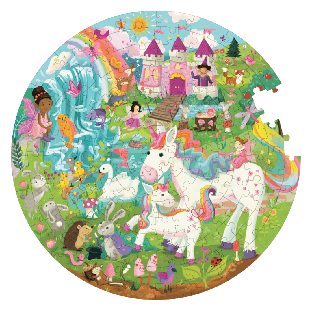 Colorful fairy puzzle for kids featuring unicorns, fairies, and a magical castle, perfect for ages 4-8.