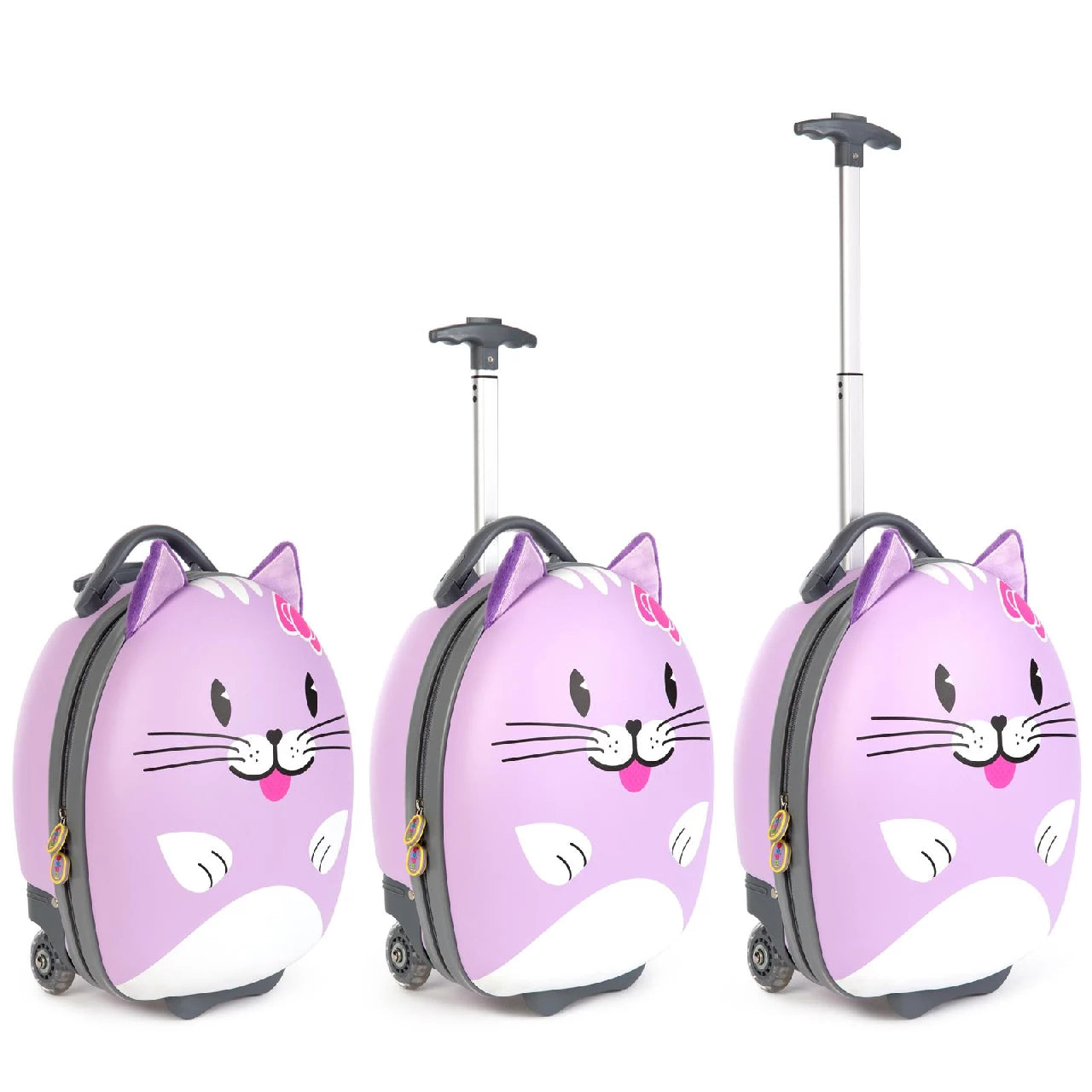 Kids suitcase backpack featuring a purple cat design, with retractable handle and smooth-rolling wheels for easy travel.