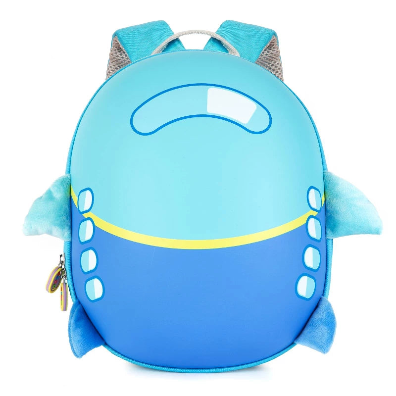 Boppi Tiny Trekker kids' backpack in blue with airplane design and fluffy accents.