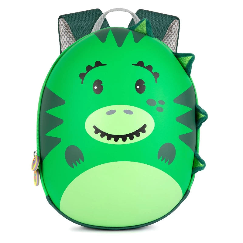 Green dinosaur kids backpack with cute face and spiky design, perfect for little adventurers.