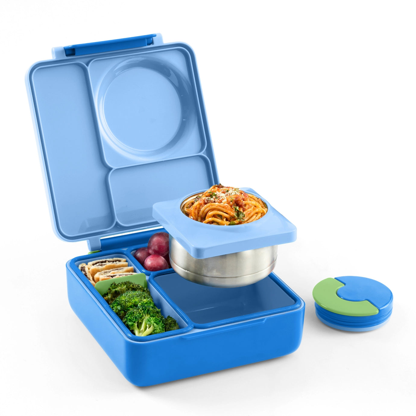 Pastel blue OmieBox lunch box open with thermos, compartments for veggies and pasta, perfect for kids' meals.
