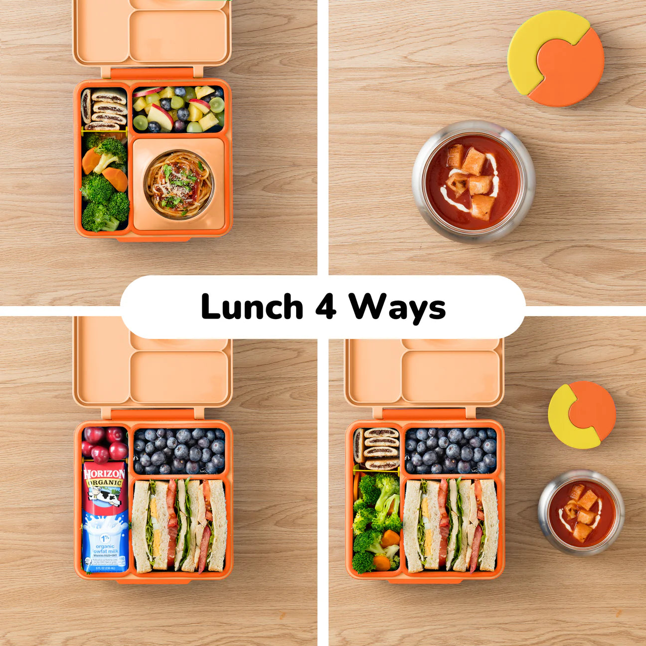 Orange OmieBox lunch box with various meal ideas, featuring compartments for healthy lunches.