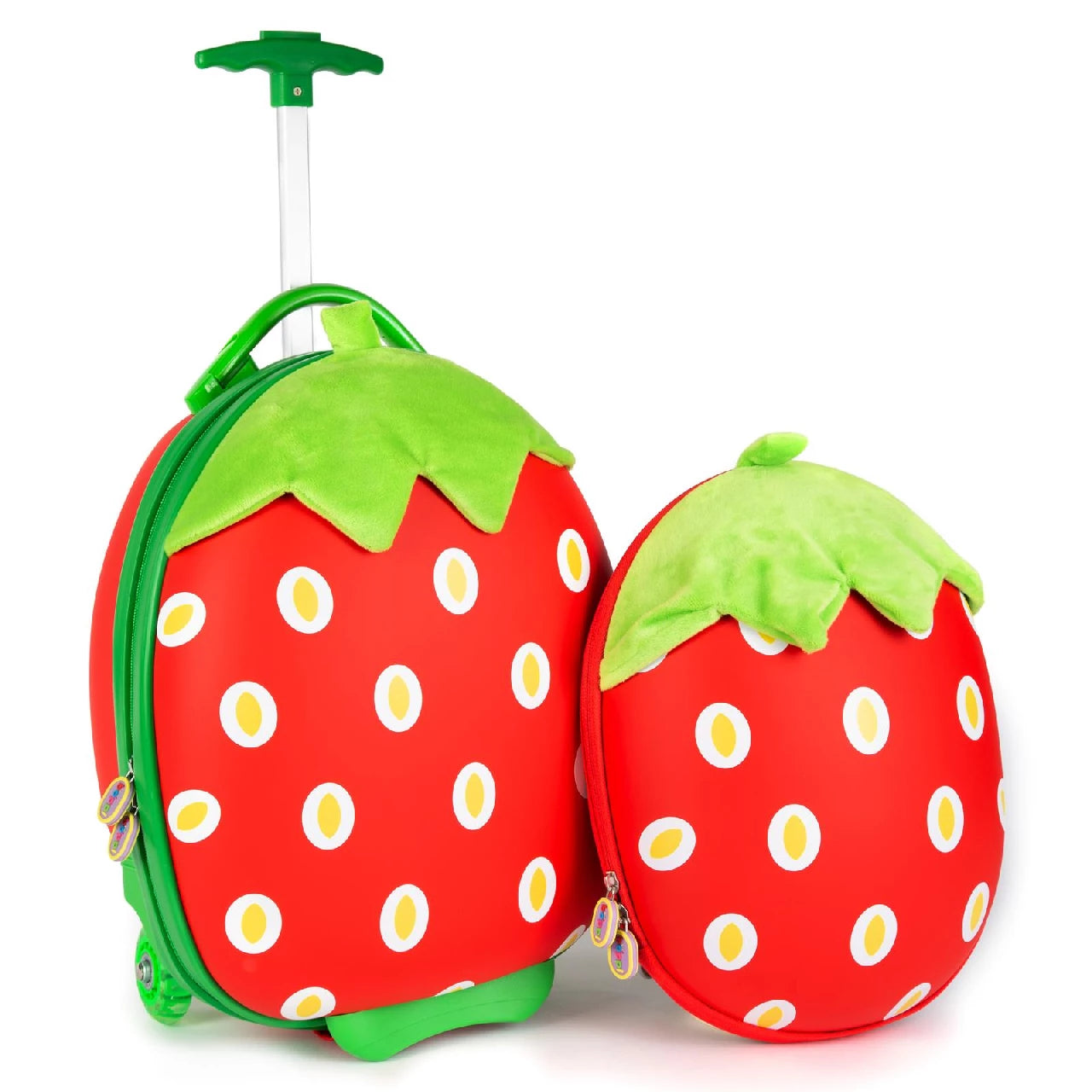 „Strawberry“ kuprinė – ryškiai raudonas priekis su geltonais taškeliais (braškės sėklytėmis) ir žaliu lapeliu viršuje ir lagaminas su ištiesta rankena.