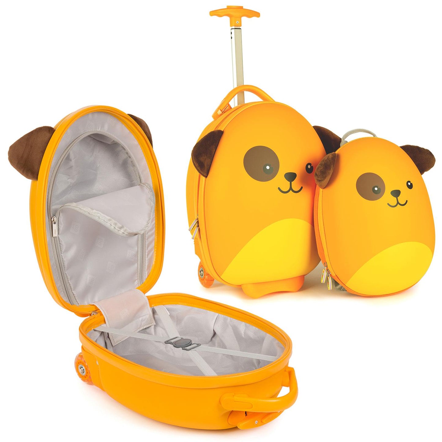 Yellow Boppi Tiny Trekker dog travel set with suitcase and backpack for kids, featuring cute design and smooth-rolling wheels.