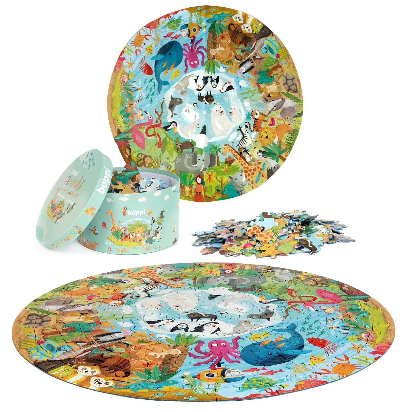 Colorful Animal World puzzle set for kids, featuring diverse wildlife and educational fun, suitable for ages 4–8.
