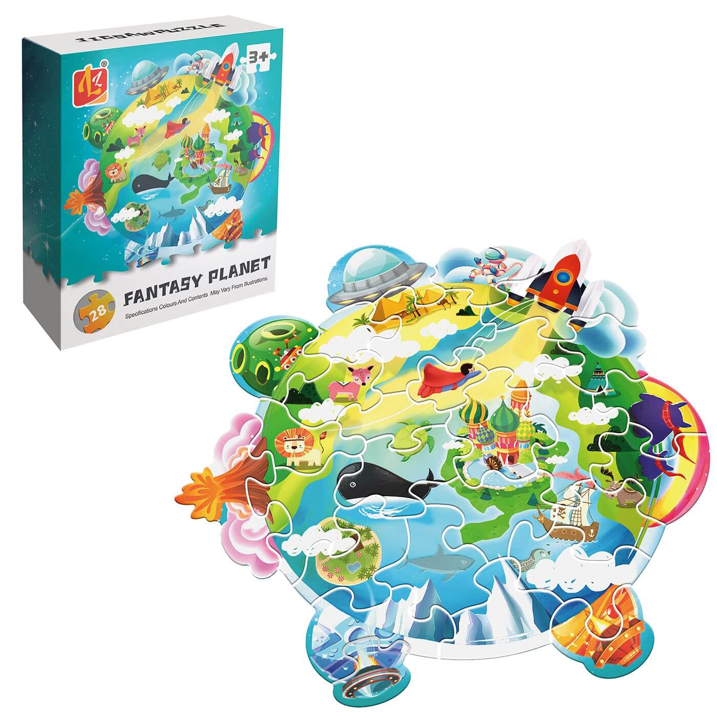 Colorful fantasy planet puzzle for kids, 28 pieces, promotes creativity and problem-solving skills.