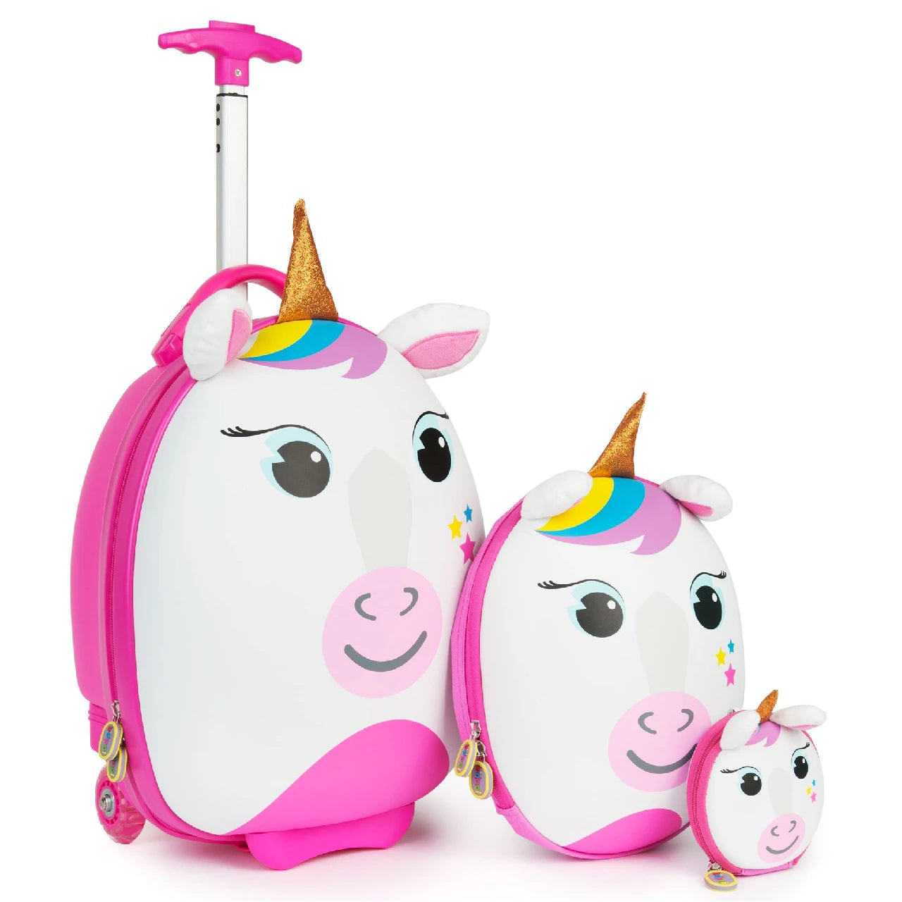 Travel set for kids featuring a unicorn suitcase and matching backpack in pink and white.