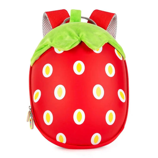 Kuprinė iš priekio: „Strawberry“ kuprinė – ryškiai raudonas priekis su geltonais taškeliais (braškės sėklytėmis) ir žaliu lapeliu viršuje