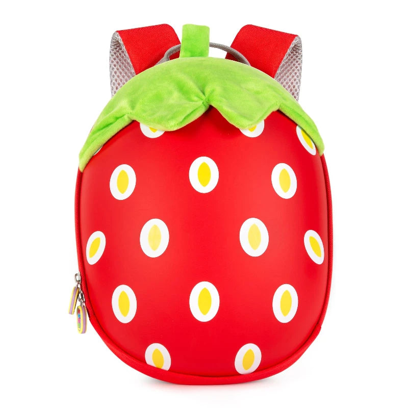 Kids strawberry-shaped backpack with 3D details, adjustable straps, and vibrant colors for little adventurers.