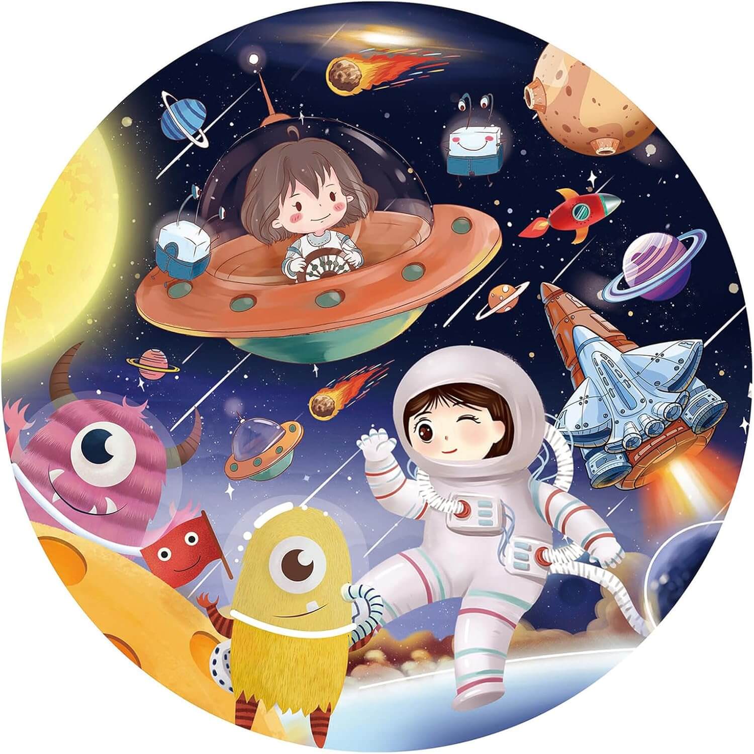 Colorful space puzzle for kids featuring astronauts, planets, rockets, and friendly aliens, promoting imagination and learning.