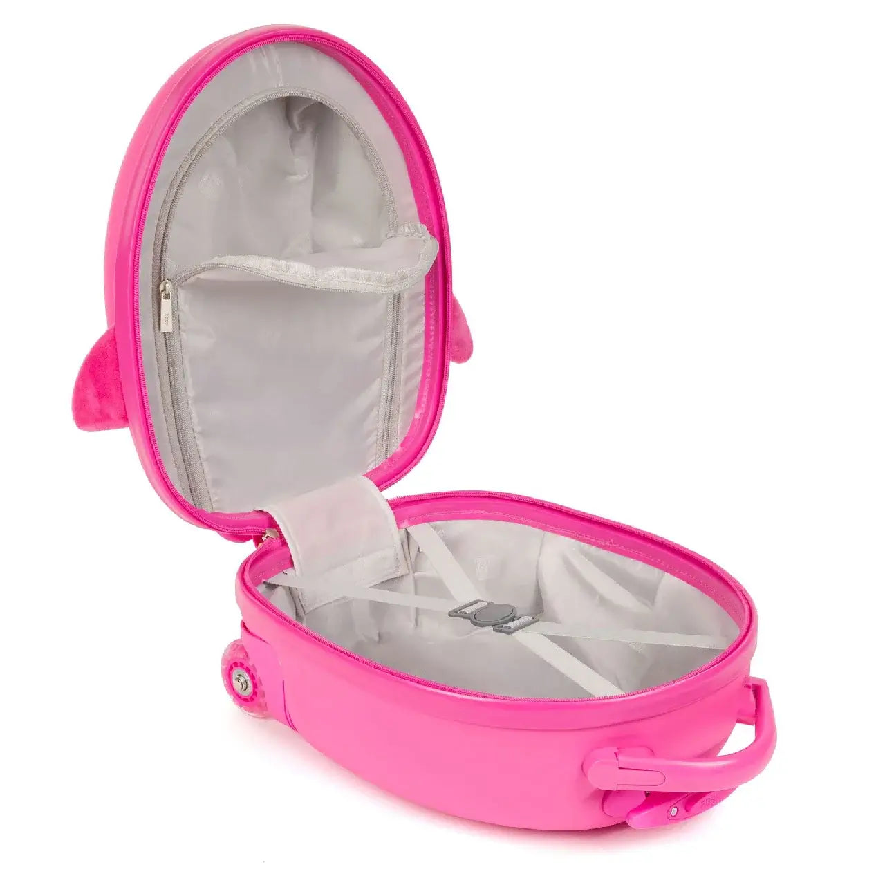 Open pink kids suitcase showcasing interior compartments and soft grip handle.