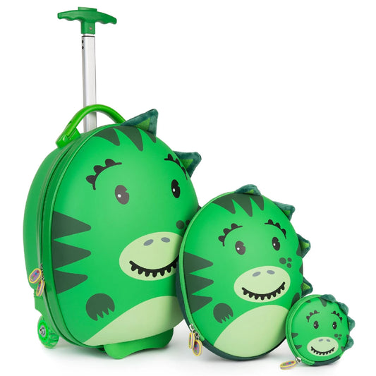 Children's Boppi Tiny Trekker dinosaur suitcase set, green, featuring a suitcase, backpack, and bag with playful dinosaur design.