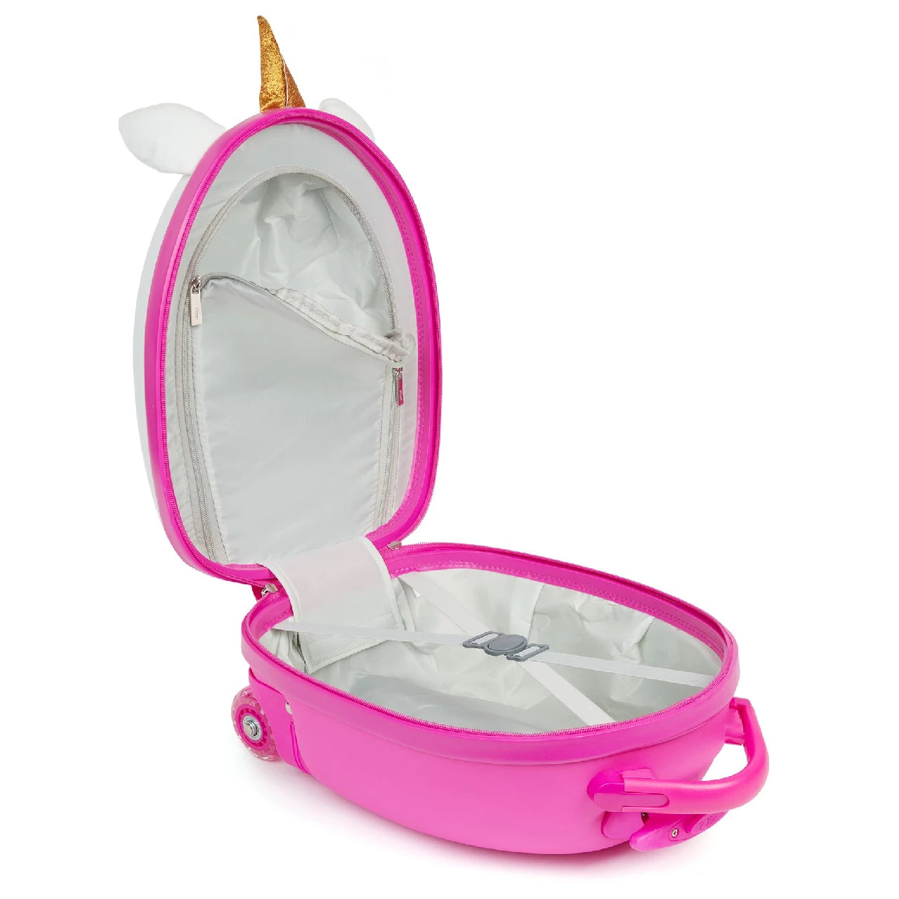 Open pink unicorn suitcase featuring 3D details and spacious interior for kids' essentials.