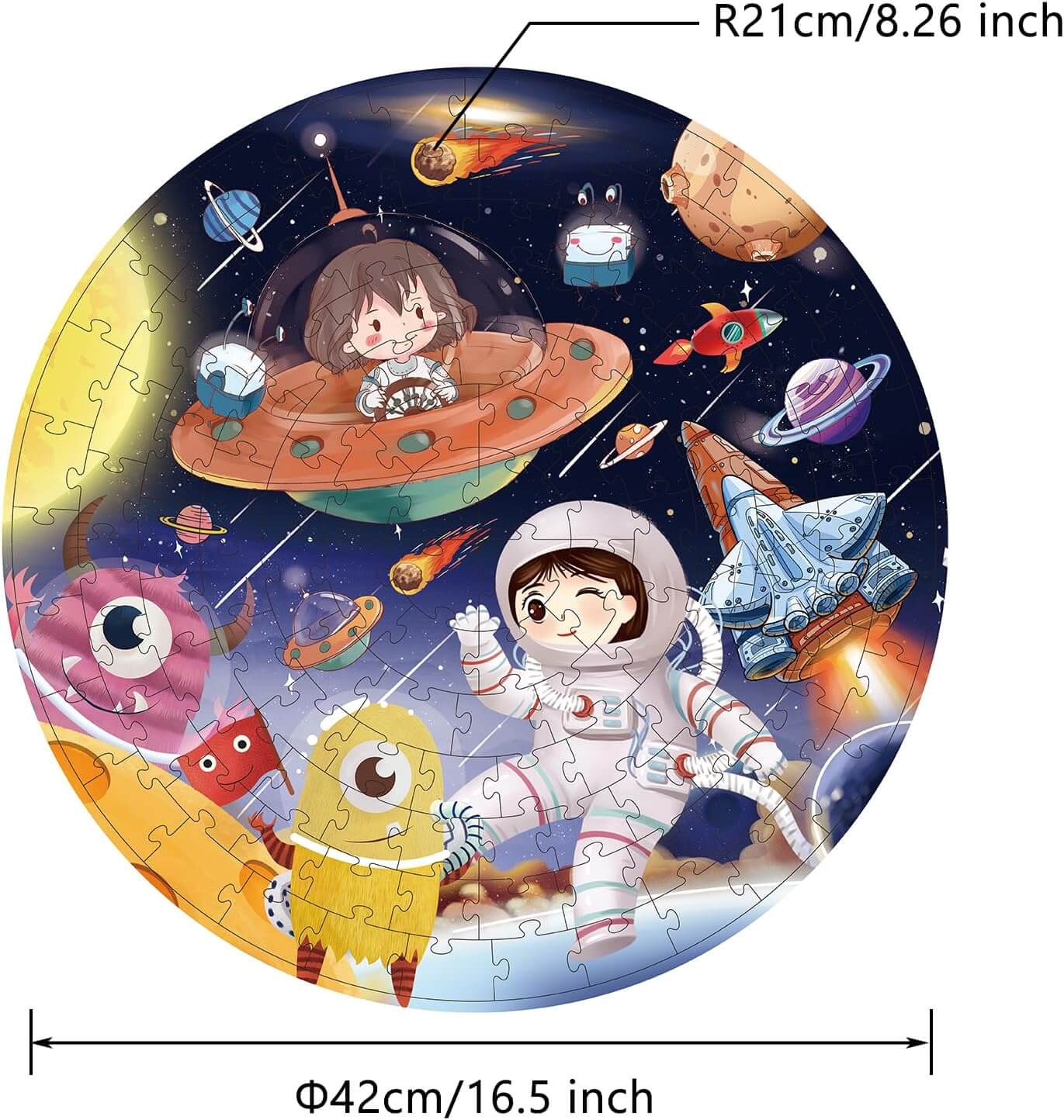 Kids space puzzle featuring astronauts, rockets, and colorful planets, perfect for ages 4-8.