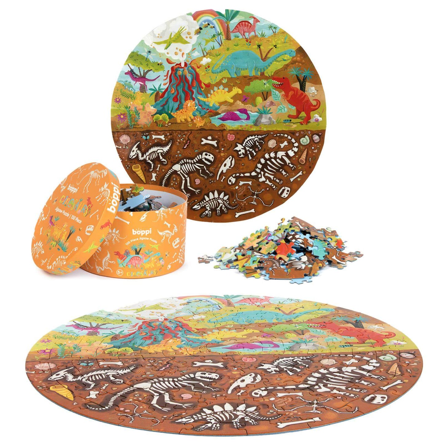 Round dinosaur puzzle for kids, 150 pieces, featuring vibrant illustrations and a sturdy box.