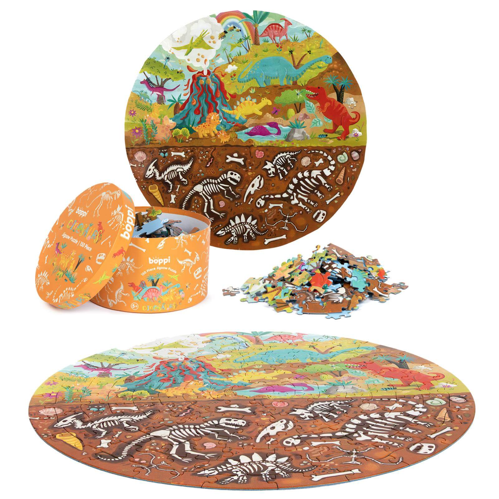 Round dinosaur puzzle for kids, 150 pieces, featuring vibrant illustrations and a sturdy box.
