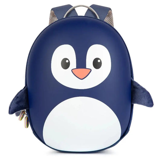 Colorful penguin-shaped kids backpack with 3D flippers and adjustable straps for little adventurers.