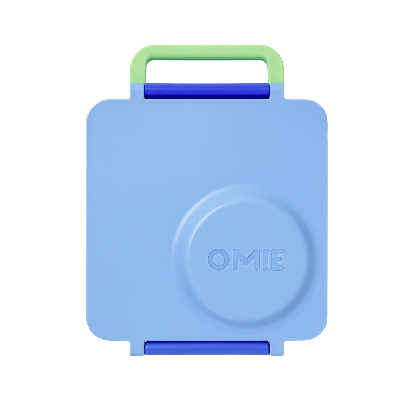 Pastel blue OmieBox lunch box for kids with removable thermos, designed to keep food fresh and warm.