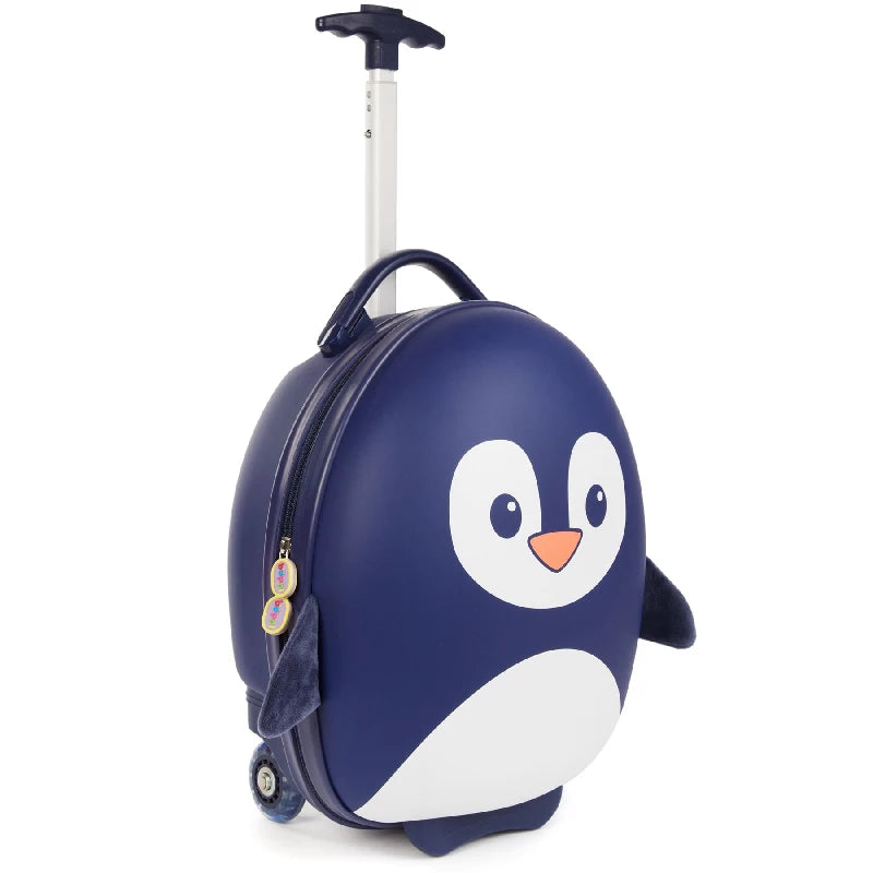 Kids suitcase in the shape of a penguin with retractable handle and wheels, perfect for little travelers.
