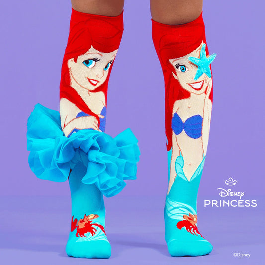 Colorful kids socks featuring Ariel from The Little Mermaid with fun ruffle details and vibrant designs.