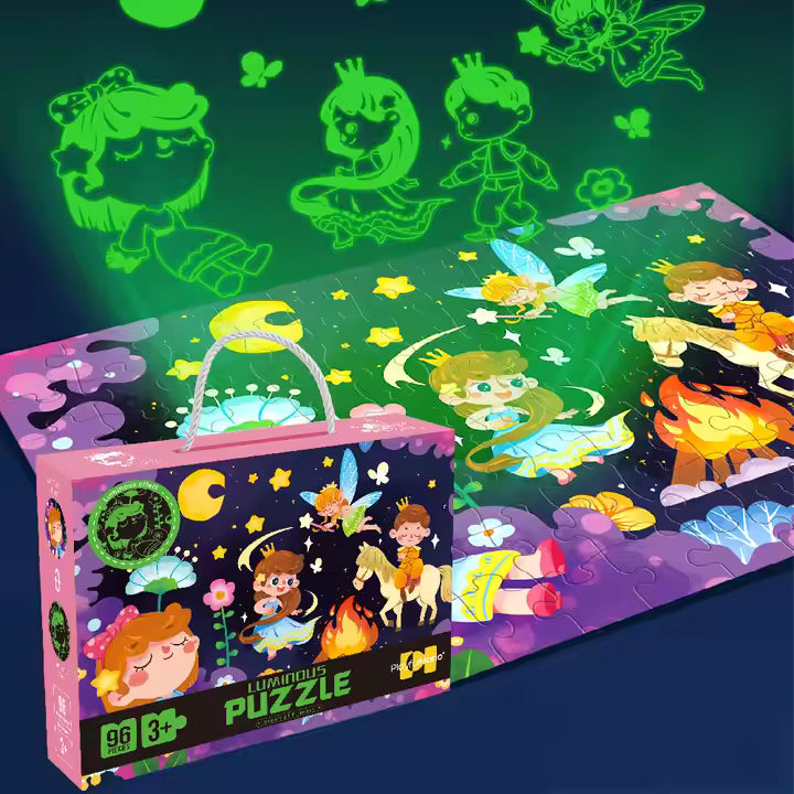 Tamsoje šviečianti dėlionė „Fėjos pasaulis" vaikams, 96 detalės, spalvinga, skatinanti kūrybiškumą.