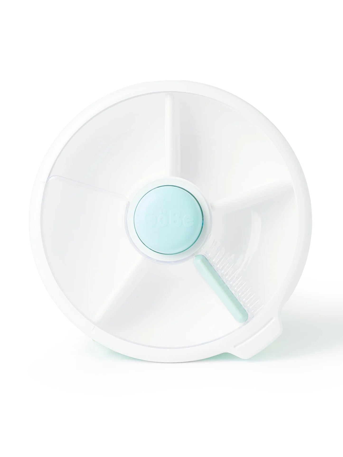 Blue GoBe Snack Spinner lunchbox for kids with five snack compartments and a button for easy snack selection.