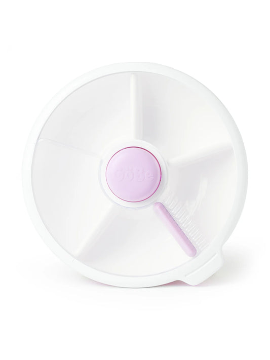 GoBe Snack Spinner in lilac color, showing a large, leak-proof snack box with a button for easy snack selection.