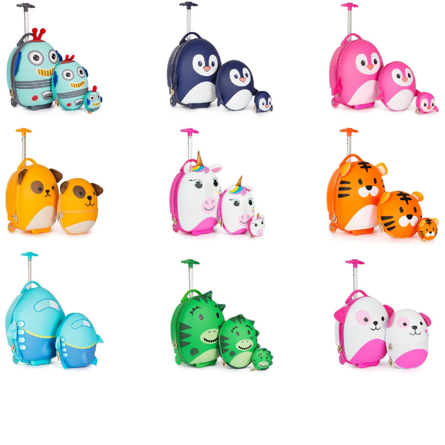 Colorful children's suitcases featuring animal designs like penguins, unicorns, tigers, and dinosaurs, ideal for kids.