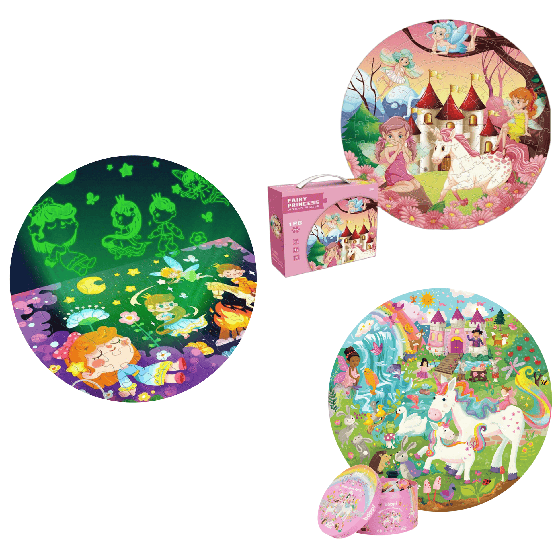 Colorful 3-piece fairy puzzles for kids, featuring enchanting illustrations of fairies and unicorns.