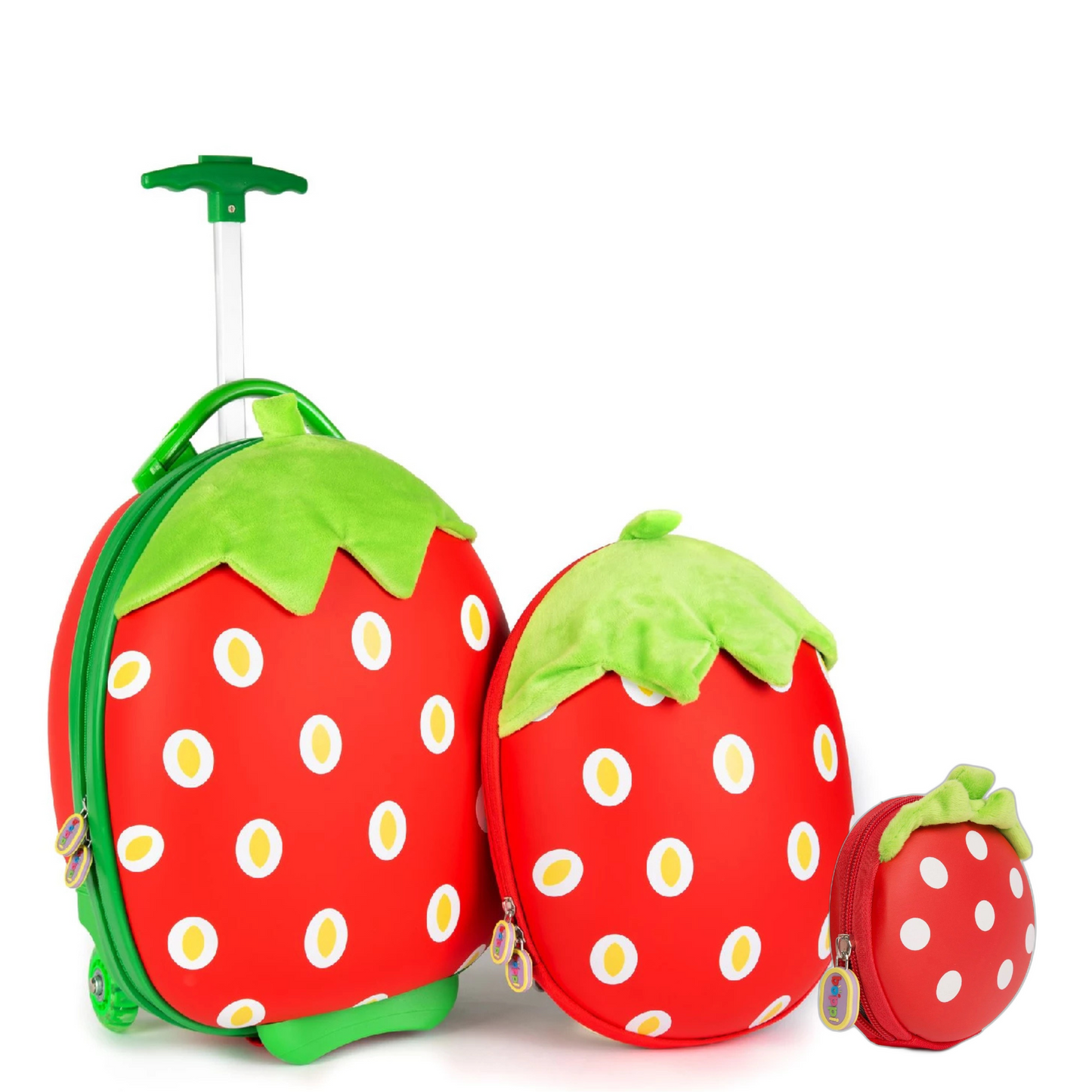 Colorful children's travel set featuring a suitcase and backpacks designed like strawberries.