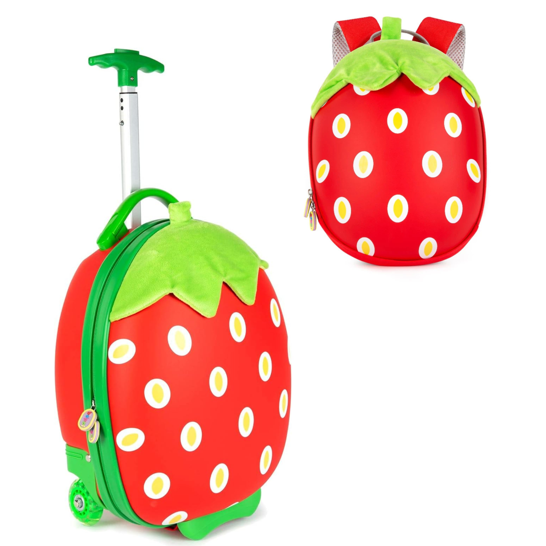 Kids strawberry suitcase and backpack set with 3D details, featuring a retractable handle and adjustable straps.