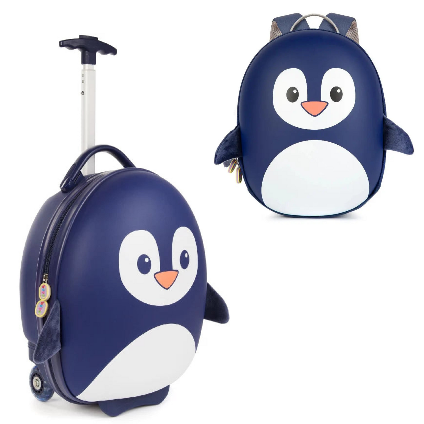 Kids suitcase and backpack set featuring a cute penguin design with 3D flippers, ideal for young adventurers.