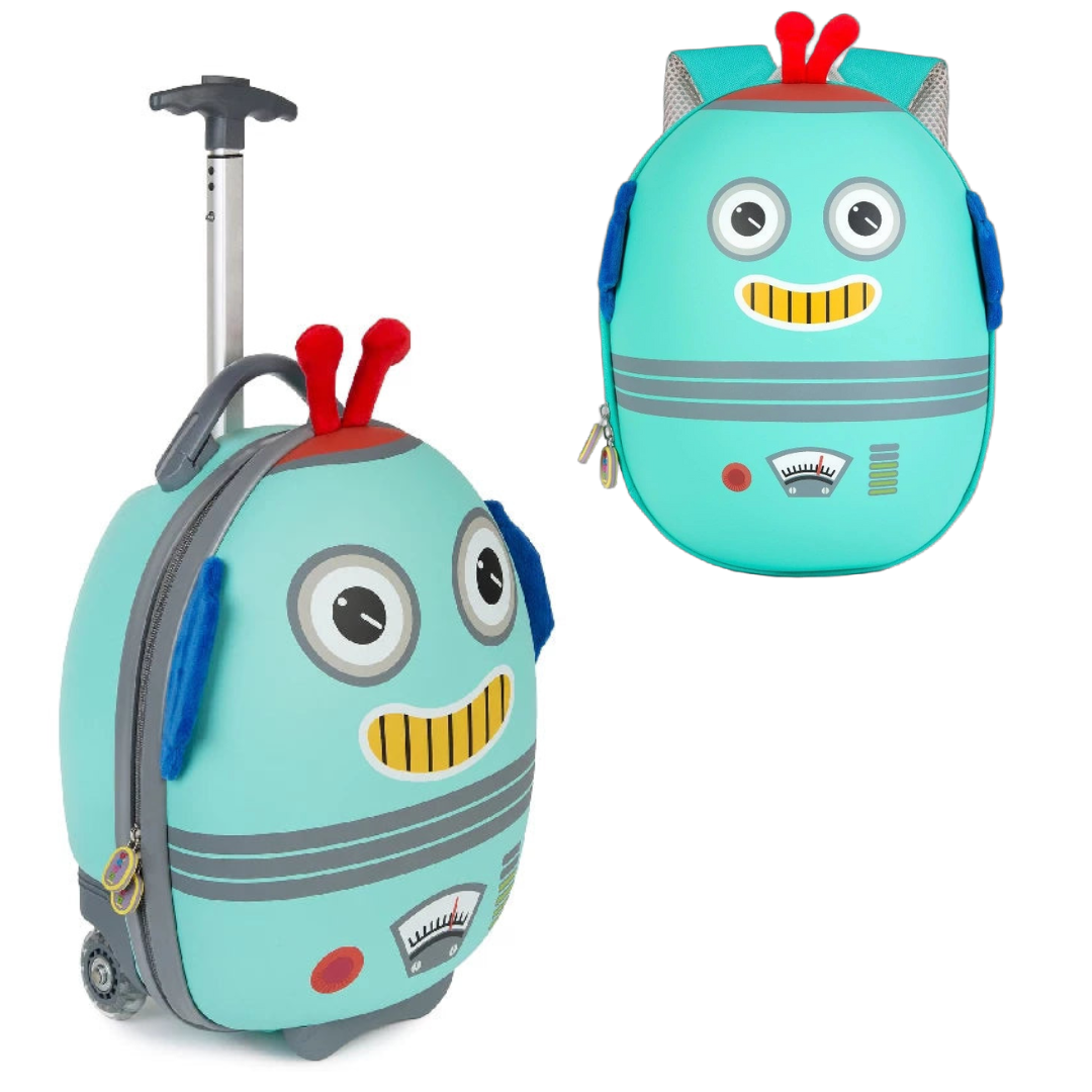 Kids suitcase with 3D robot design and matching backpack, featuring colorful details and retractable handle.