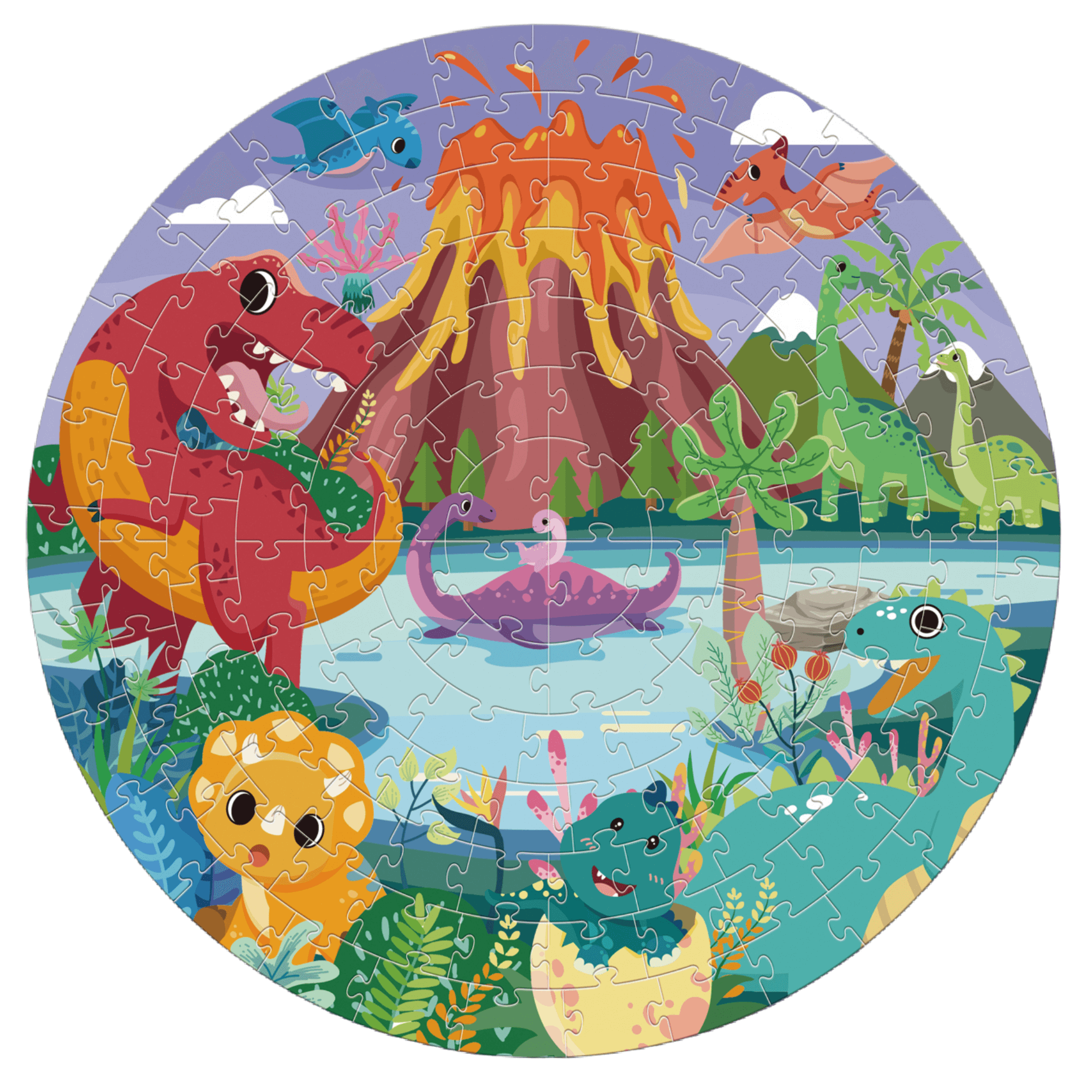 Rundes Puzzle mit Dinosauriern und Vulkan, 128 Teile, Spaß für Kinder von 4–8 Jahren, lehrreiches Spielzeug.