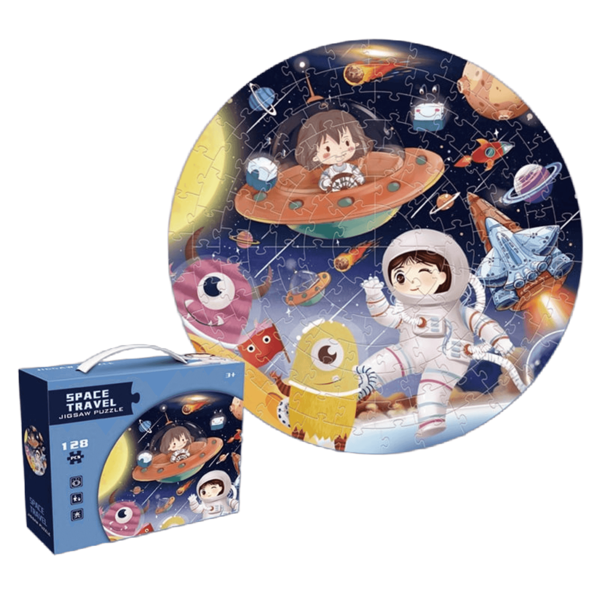 Round Solar System puzzle for kids featuring colorful space scenes and astronaut, 128 pieces packaging included.