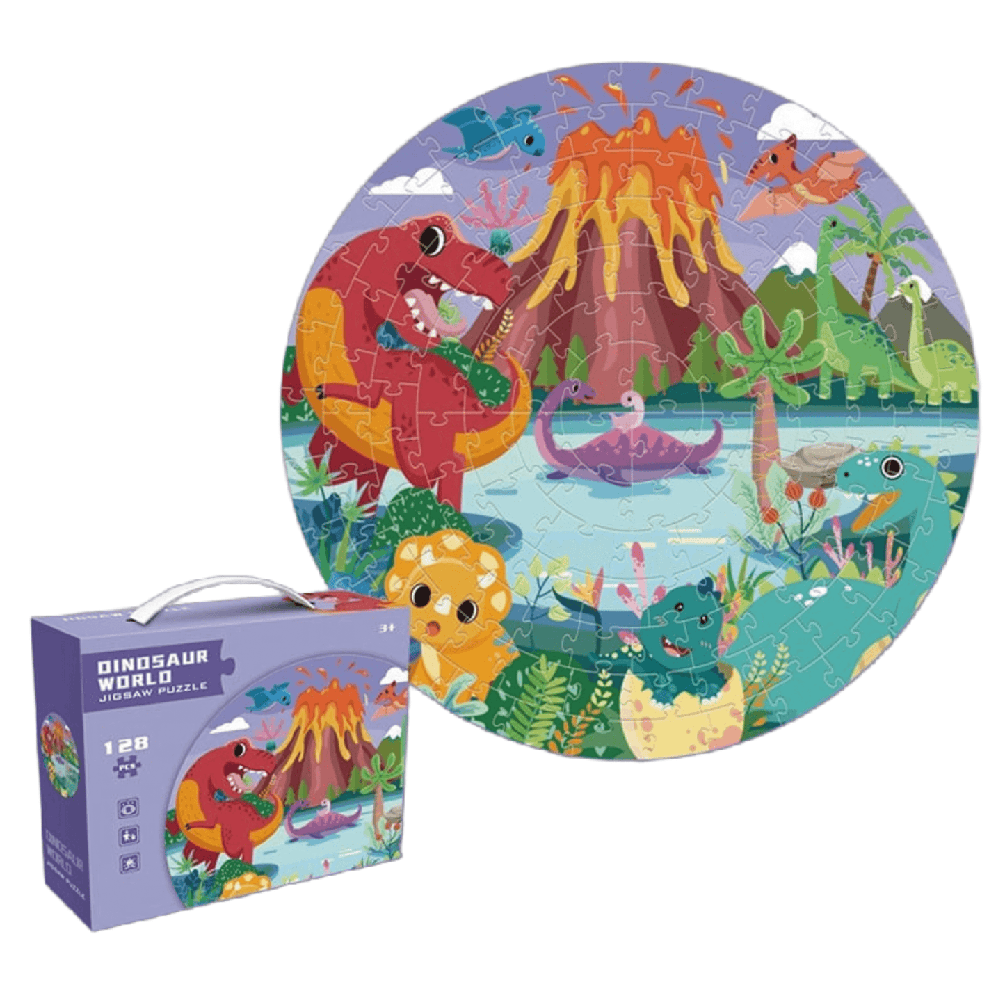 Rundes 128-teiliges Dinosaurier-Puzzle mit Vulkan, ideal für Kinder im Alter von 4-8 Jahren.