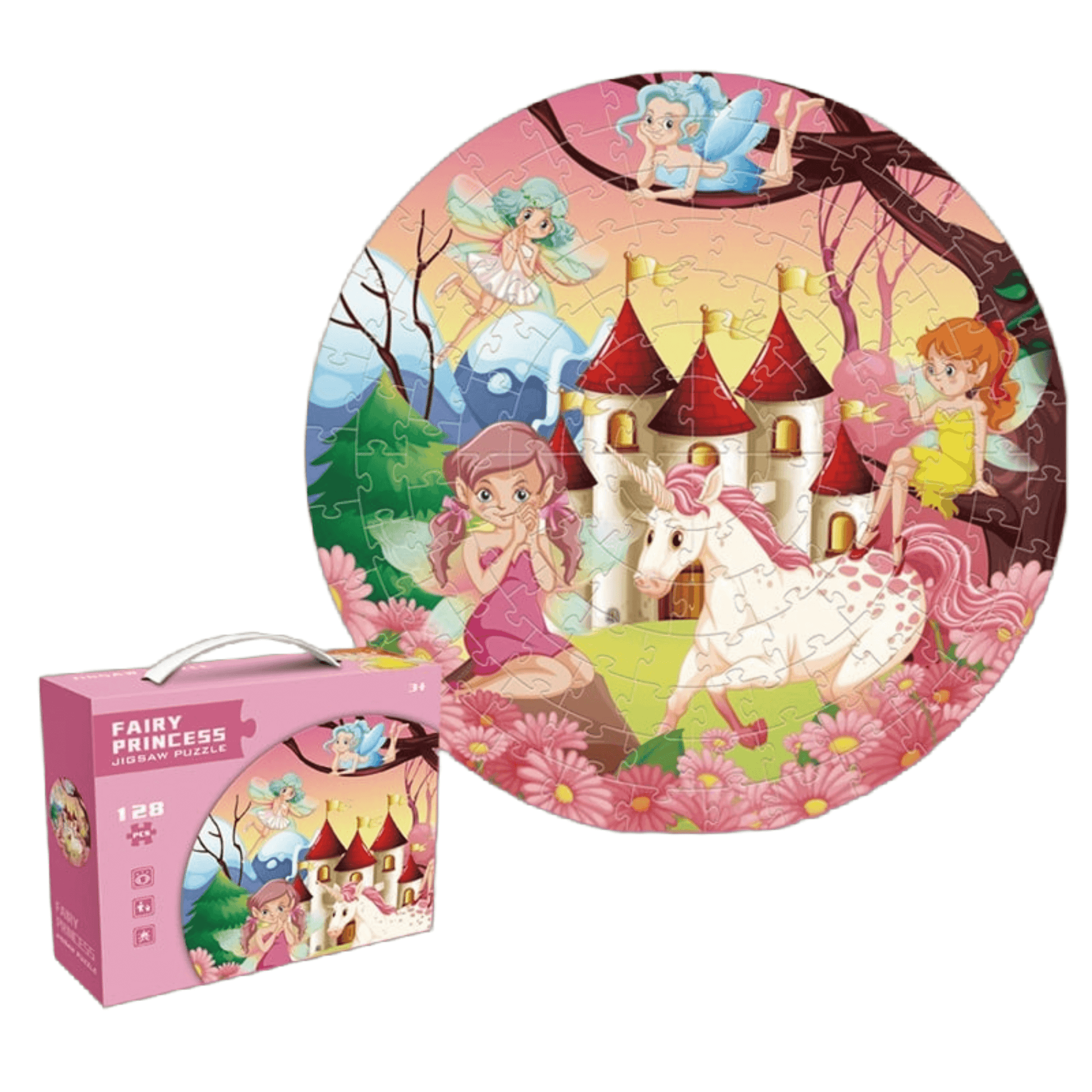 Round puzzle featuring fairies, unicorn, and a castle, designed for kids aged 4-8, with 128 pieces and eco-friendly packaging.