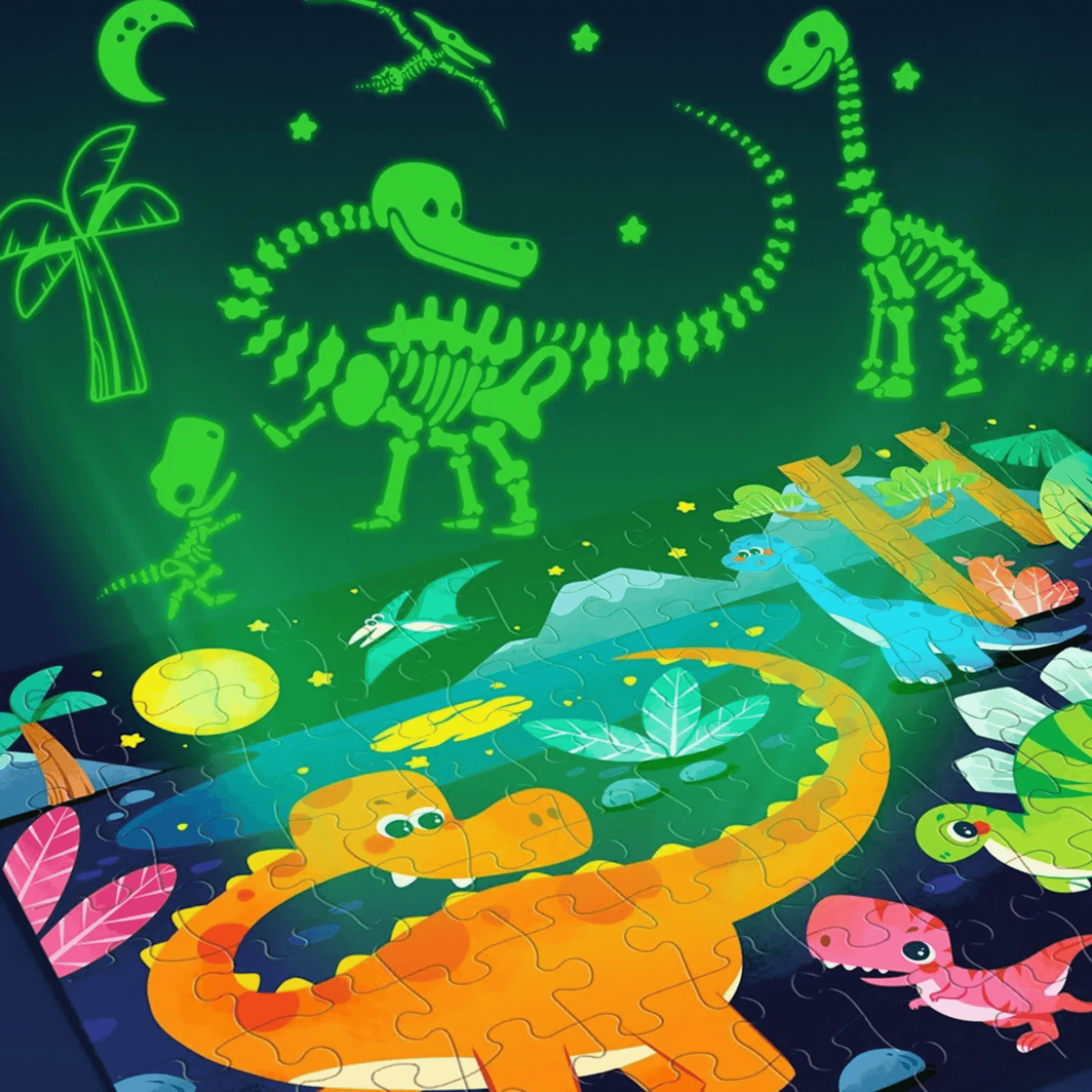 Glow-in-the-dark dinosaur puzzle showing colorful pieces and glowing skeletons, designed for kids ages 4-8.