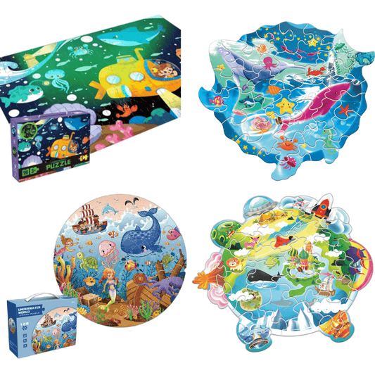 Colorful ocean-themed puzzle set for kids, featuring sea creatures and vibrant underwater scenes, suitable for ages 2-8.