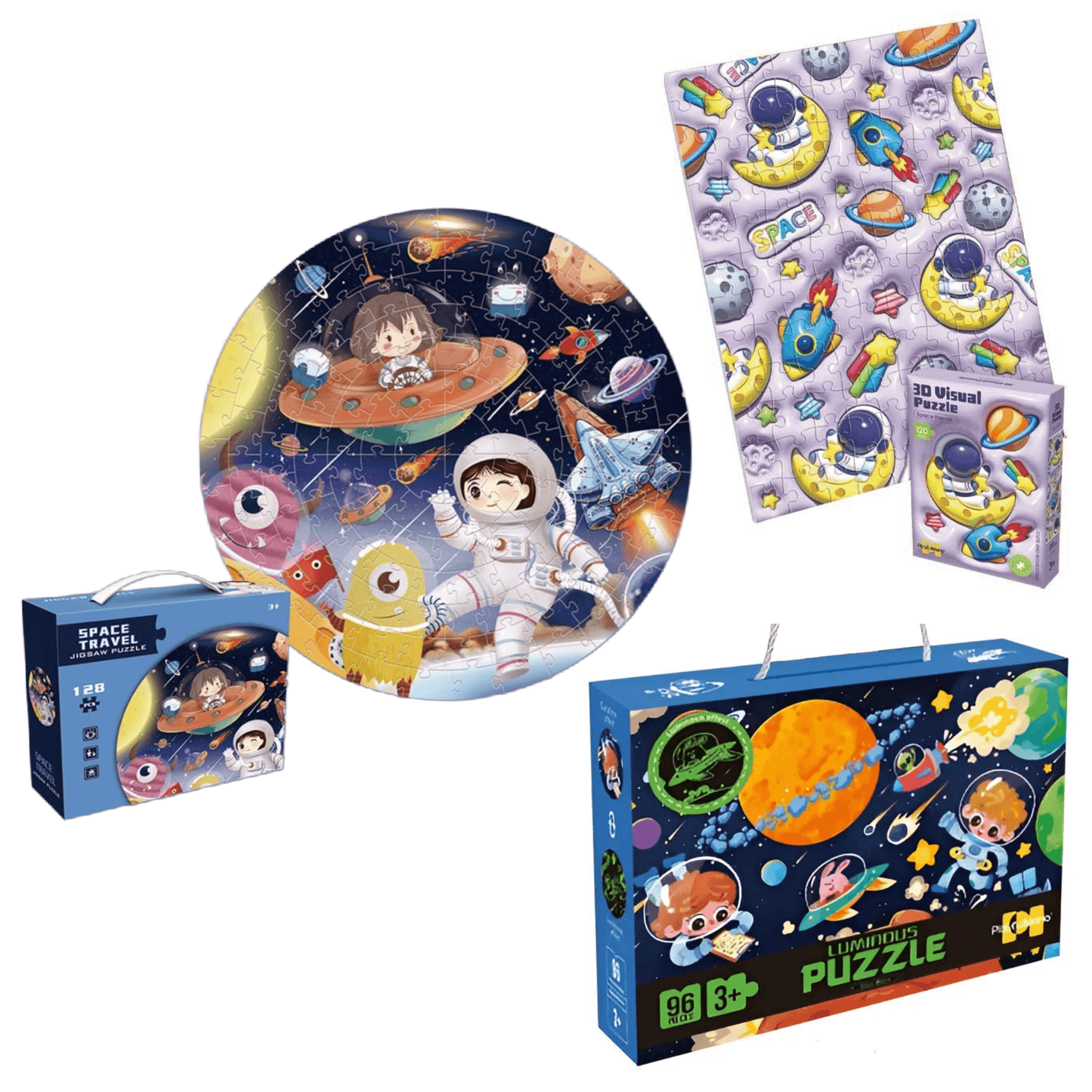 Colorful space-themed puzzle set for kids including planets, astronauts, and rockets, perfect for ages 4-8.