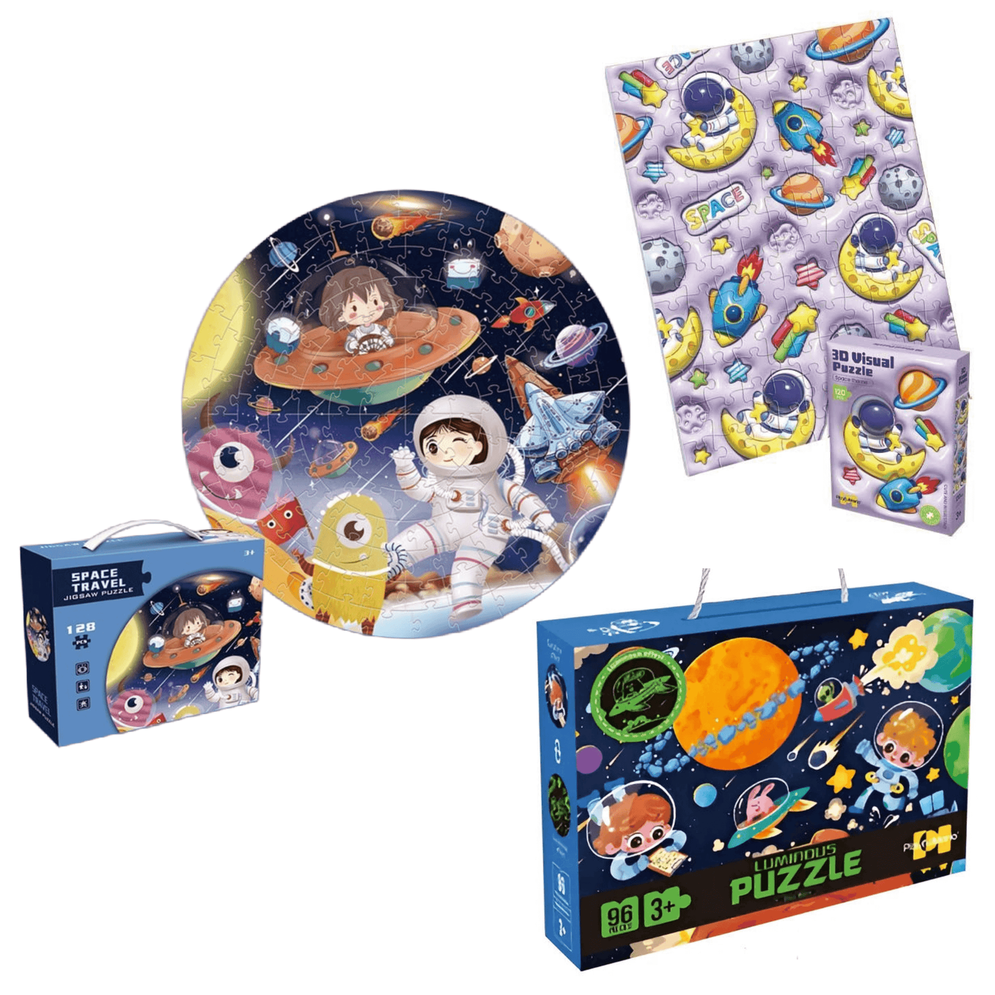 Colorful space-themed puzzle set for kids including planets, astronauts, and rockets, perfect for ages 4-8.