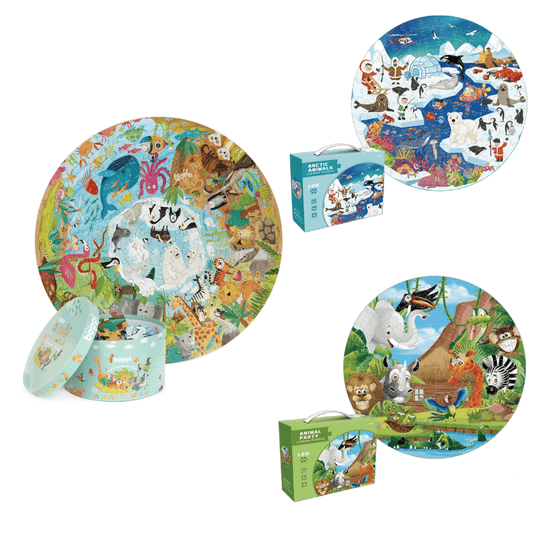 Colorful Animal World puzzle set for kids featuring wildlife from various continents, in three vibrant circular puzzles.
