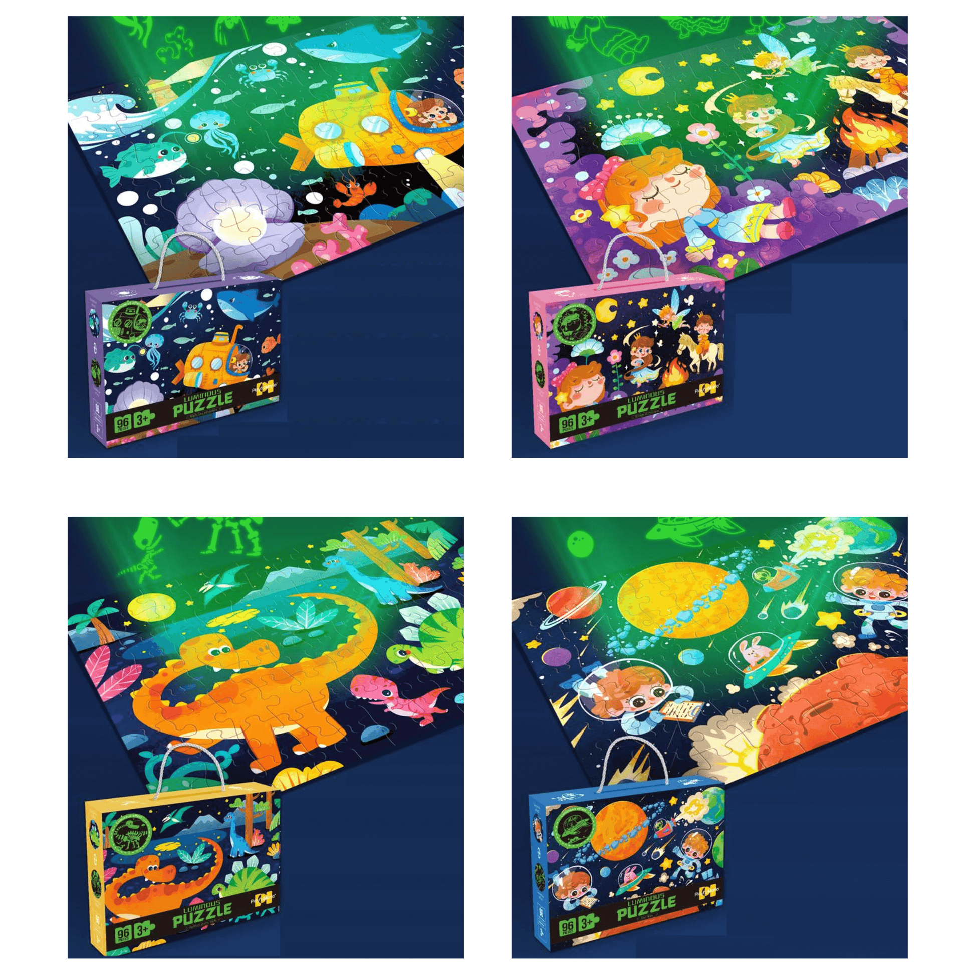 Colorful glowing puzzle set for kids, featuring space themes and characters, 4 pieces for ages 4-8.