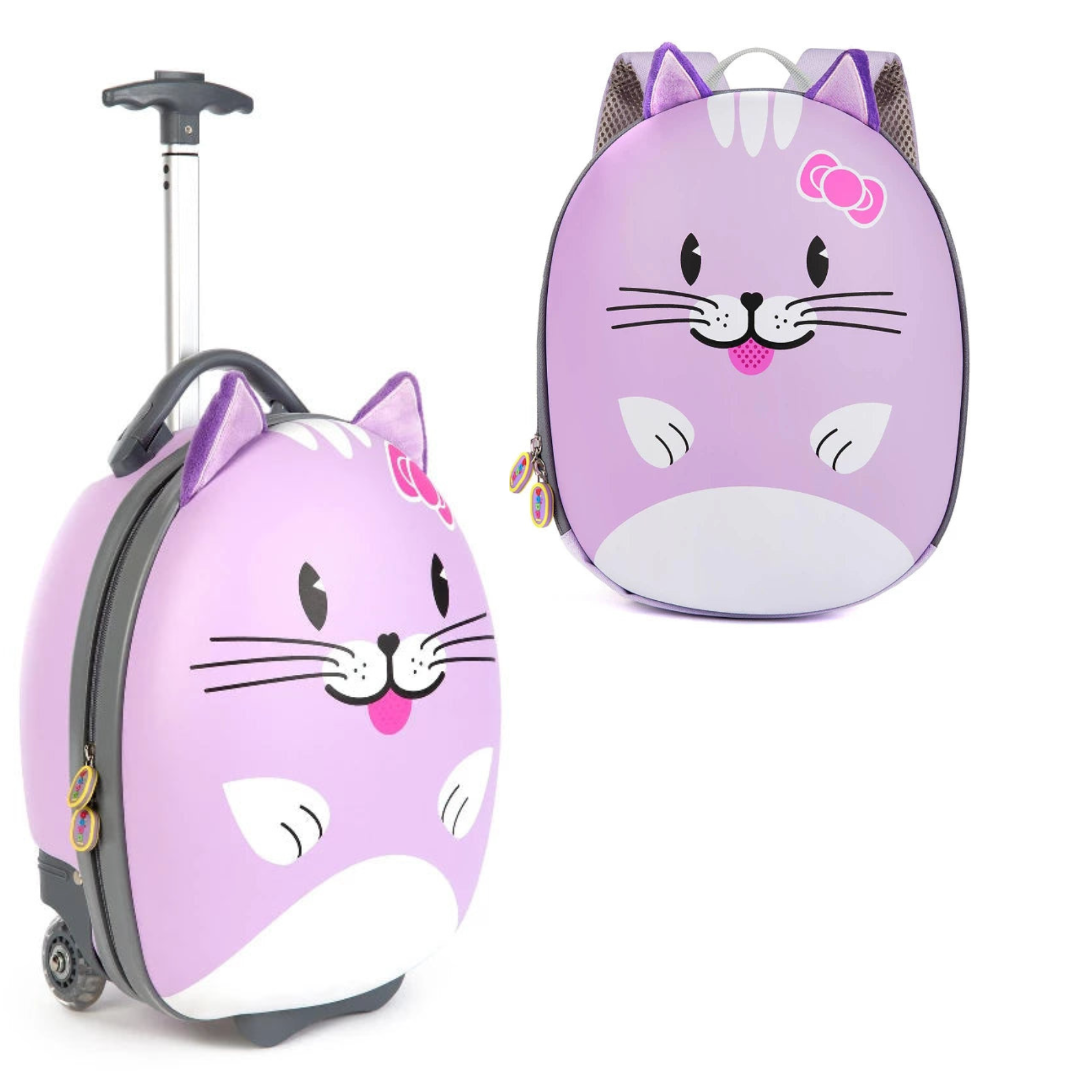Kids suitcase and backpack set featuring a cute purple cat design with 3D details, perfect for little adventurers.